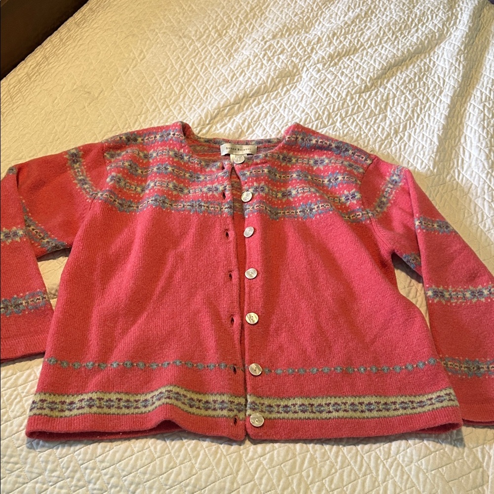 Susan Bristol Coral Pink Fair Isle Wool Cardigan